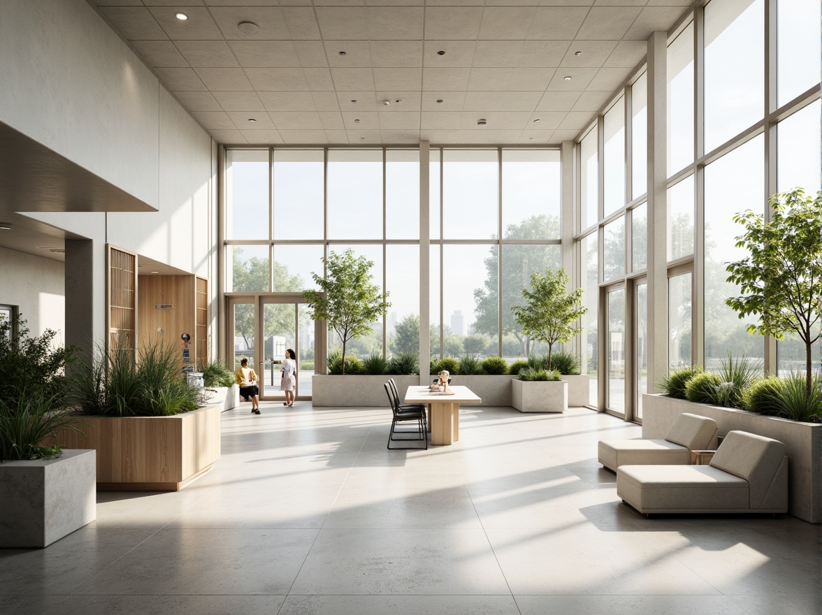 Prompt: Minimalist hospital interior, abundant natural light, floor-to-ceiling windows, sleek metal frames, polished concrete floors, calming white walls, sparse greenery, modern medical equipment, stainless steel surfaces, subtle ambient lighting, soft warm tones, shallow depth of field, 1/1 composition, realistic textures, ambient occlusion, serene atmosphere, peaceful waiting areas, comfortable patient rooms, efficient nurse stations, minimalist decor, natural stone accents, wooden furniture, gentle color palette.