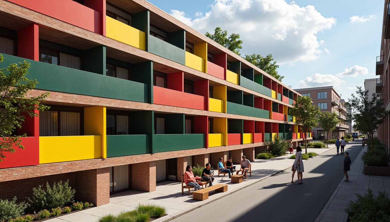 Prompt: Geometric student halls, bold primary colors, rectangular windows, flat roofs, functionalist architecture, industrial materials, exposed brick walls, steel beams, minimalist decor, communal living spaces, modern furniture, abstract artwork, natural light, 1/1 composition, high contrast lighting, dramatic shadows, urban surroundings, cityscape views, busy streets, contemporary urban life.