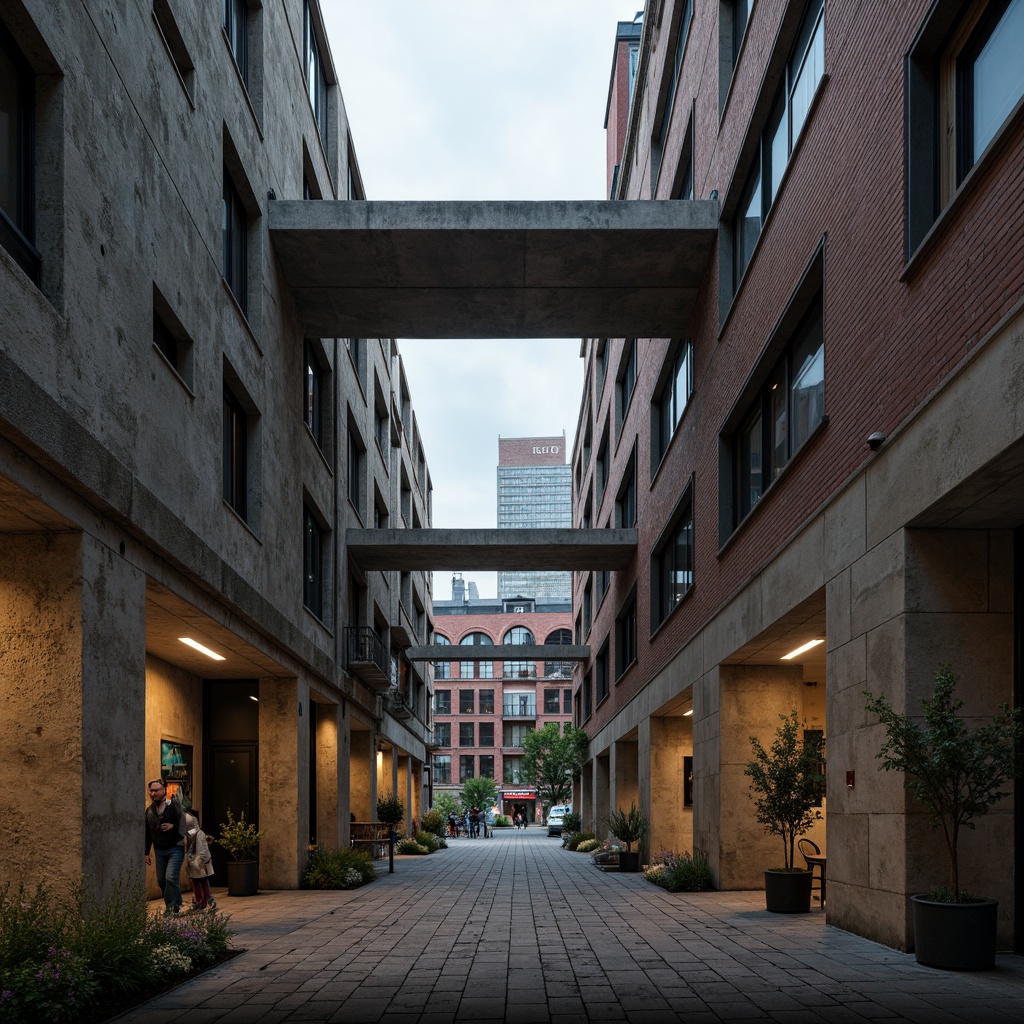 Prompt: Rough concrete walls, exposed ductwork, industrial metal beams, raw brick facades, weathered stone surfaces, distressed wood accents, brutalist monumentality, fortress-like structures, urban cityscape, overcast skies, dramatic shadows, high-contrast lighting, cinematic composition, gritty realistic textures, ambient occlusion.