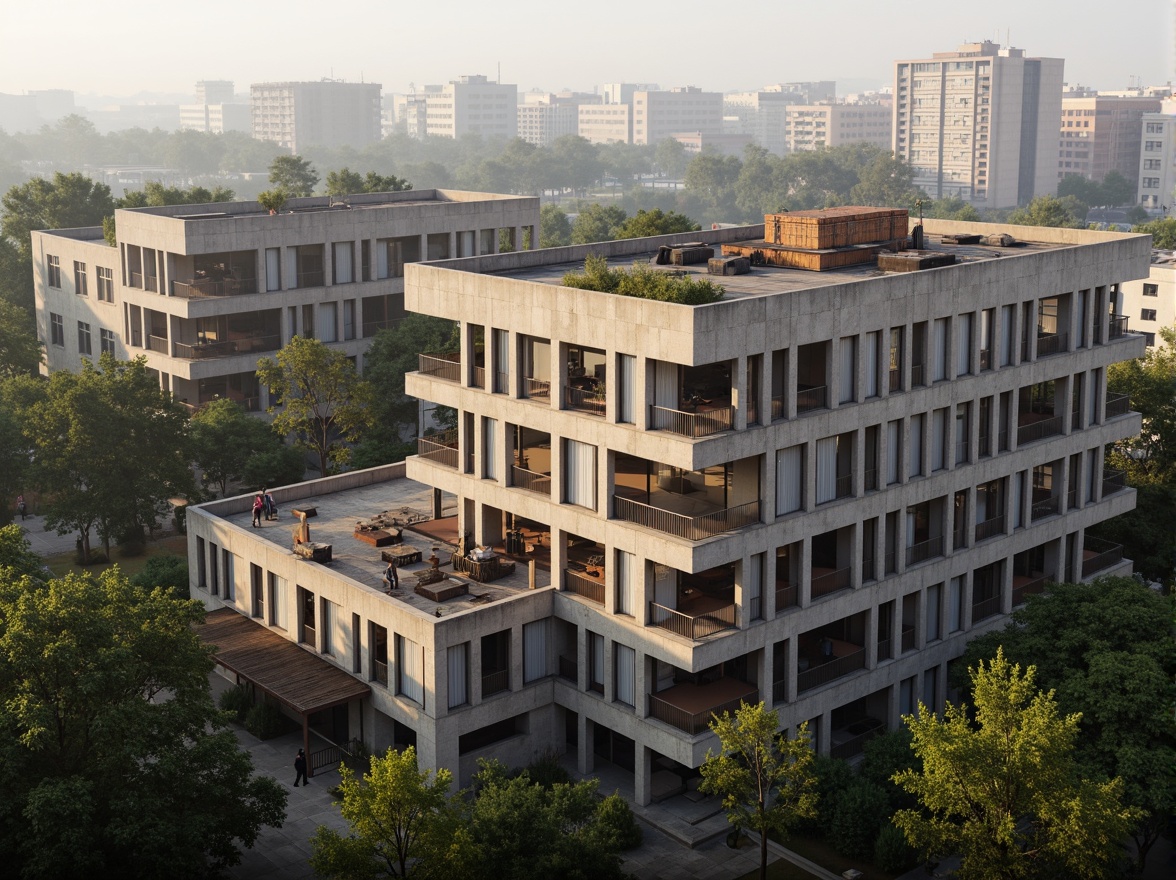 Prompt: Rugged concrete buildings, brutalist architecture, raw industrial textures, exposed ductwork, bold color blocks, earthy tones, weathered steel accents, distressed wood elements, urban campus setting, dense foliage surroundings, misty morning atmosphere, softbox lighting, 1/2 composition, cinematic depth of field, realistic material rendering.