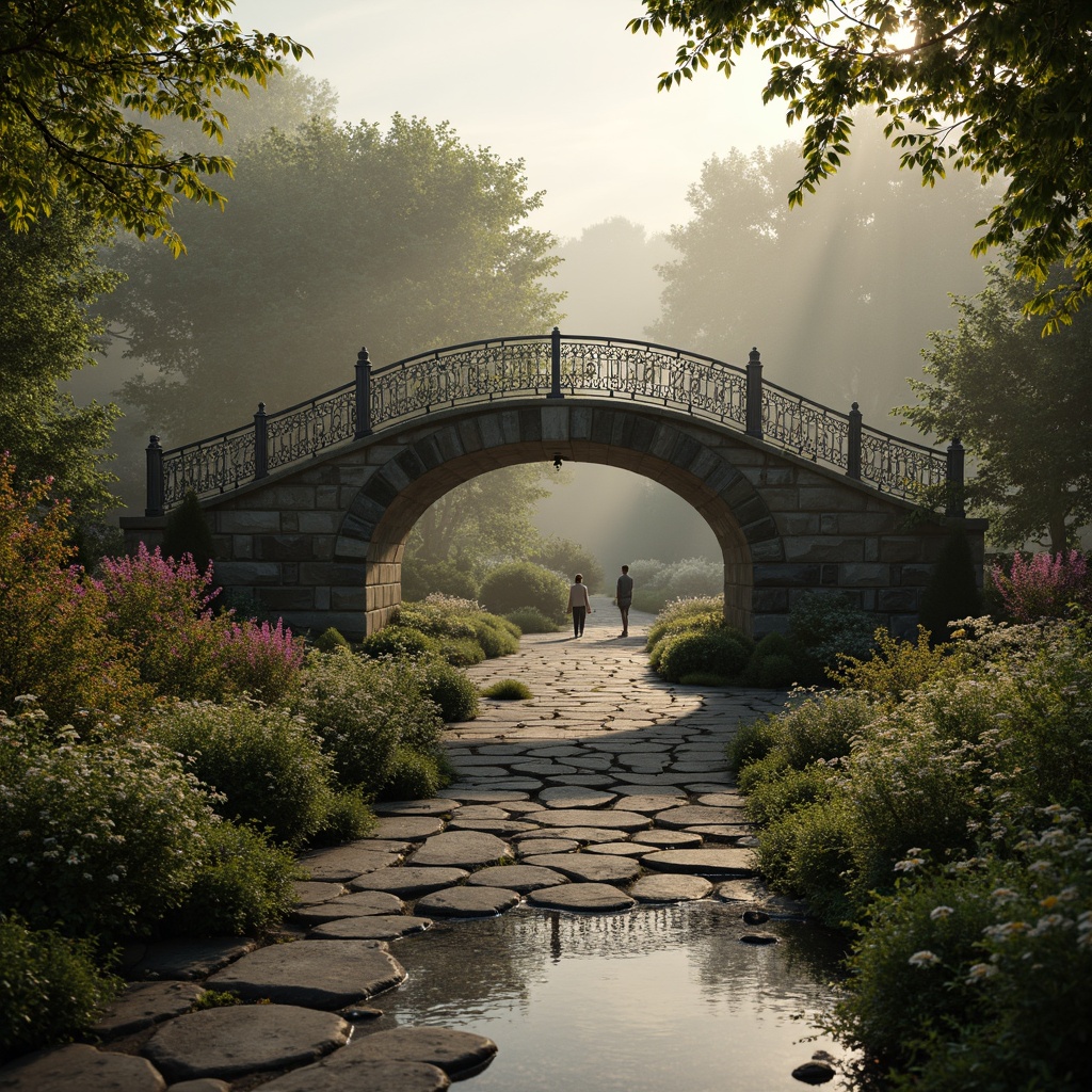 Prompt: Whimsical pedestrian bridge, ornate iron railings, delicate filigree details, curved arches, rustic stone piers, moss-covered stonework, soft warm lighting, misty atmosphere, serene water reflections, lush greenery surroundings, vibrant flowers, natural stone walkways, meandering paths, tranquil ambiance, 1/1 composition, shallow depth of field, realistic textures, ambient occlusion.