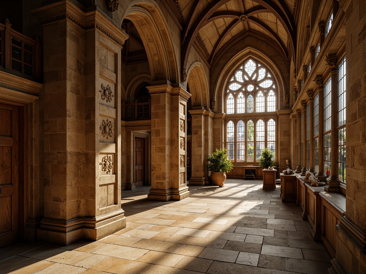 Prompt: Ancient stone columns, ornate capitals, rustic arches, weathered stonework, intricate carvings, grand entranceways, majestic vaulted ceilings, stained glass windows, warm golden lighting, soft focus, shallow depth of field, 1/2 composition, symmetrical framing, rich textures, ambient occlusion, historic landmarks, medieval-inspired architecture, ornamental details, classical proportions, earthy color palette.