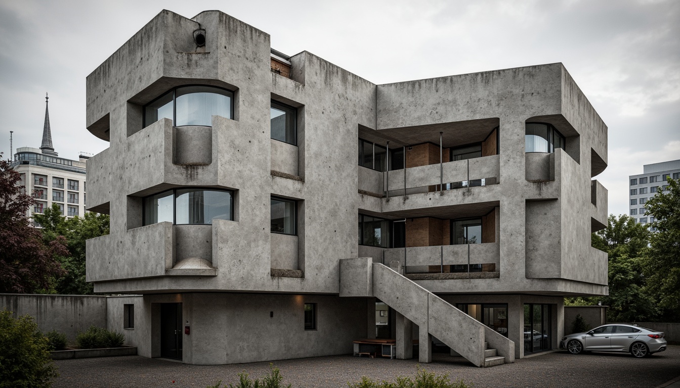 Prompt: Rugged community center, brutalist architecture, raw concrete fa\u00e7ade, fortress-like structure, angular lines, geometric shapes, industrial materials, metal beams, exposed ductwork, urban landscape, cityscape background, overcast sky, dramatic shadows, high-contrast lighting, 1/1 composition, symmetrical framing, abstract textures, ambient occlusion.