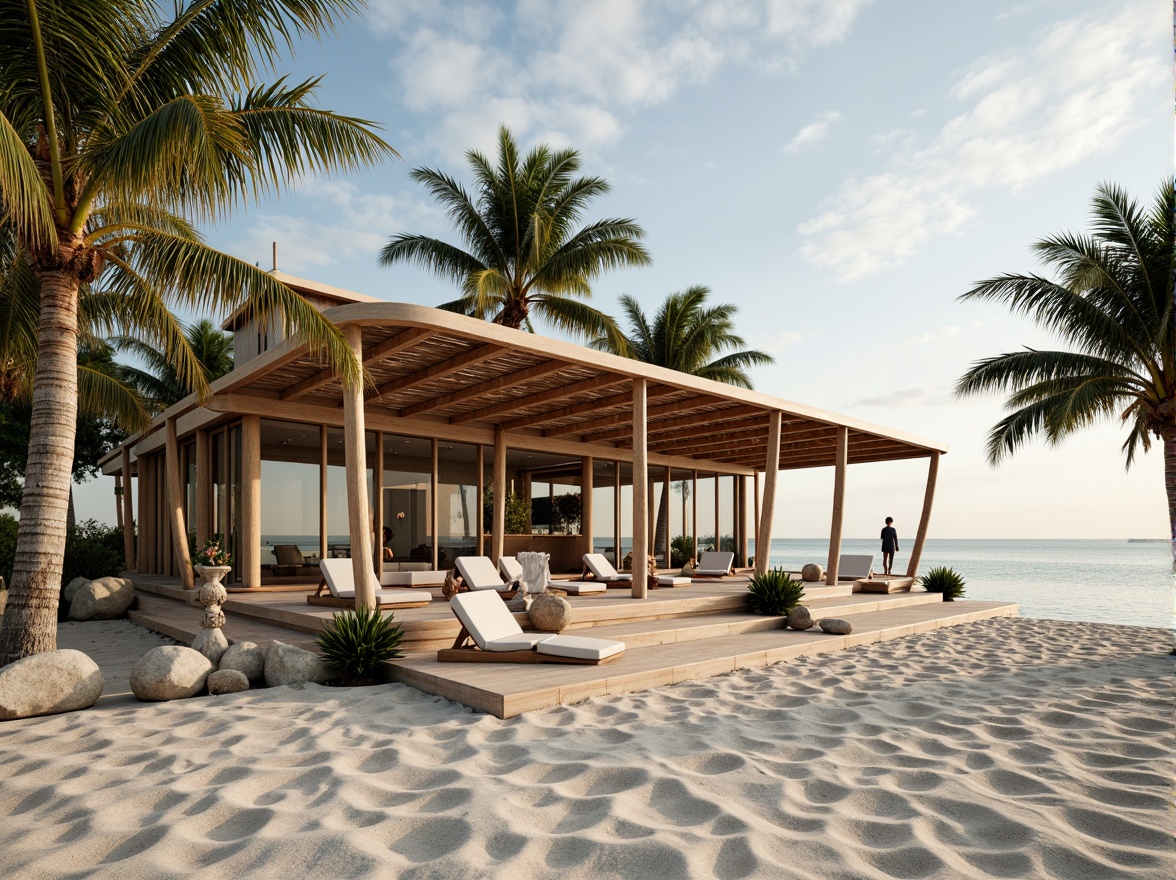 Prompt: Beachside pavilion, curved wooden beams, natural stone columns, driftwood accents, nautical rope details, ocean-inspired sculptures, sandy dune surroundings, tropical palm trees, sunny day, soft warm lighting, shallow depth of field, 3/4 composition, panoramic view, realistic textures, ambient occlusion, large windows, sliding glass doors, minimalist interior design, eco-friendly materials, sustainable energy solutions, solar panels, wind turbines, water conservation systems, green roofs, innovative cooling technologies, shaded outdoor spaces, misting systems.