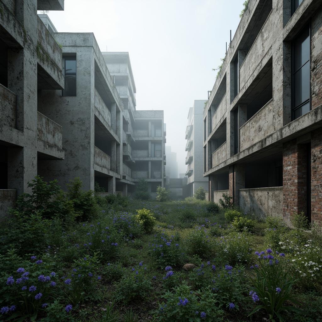 Prompt: Rugged brutalist architecture, raw concrete textures, fortress-like structures, overgrown vegetation, wildflowers, moss-covered walls, industrial landscapes, abandoned factories, crumbling brick facades, distressed metal accents, urban decay, post-apocalyptic atmosphere, dramatic lighting, low-angle shots, cinematic composition, gritty realistic renderings, atmospheric fog effects, misty mornings, eerie silence.