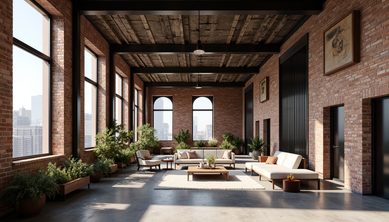 Prompt: Exposed brick walls, metal beams, reclaimed wood accents, industrial-style lighting fixtures, concrete floors, urban cityscape, converted warehouse, modern minimalist decor, functional simplicity, neutral color palette, distressed textures, edgy architectural lines, brutalist structures, functional spaces, open floor plans, natural ventilation systems, abundant natural light, high ceilings, urban loft atmosphere, gritty urban feel, dramatic shadows, low-key lighting, 3/4 composition, realistic materials, ambient occlusion.