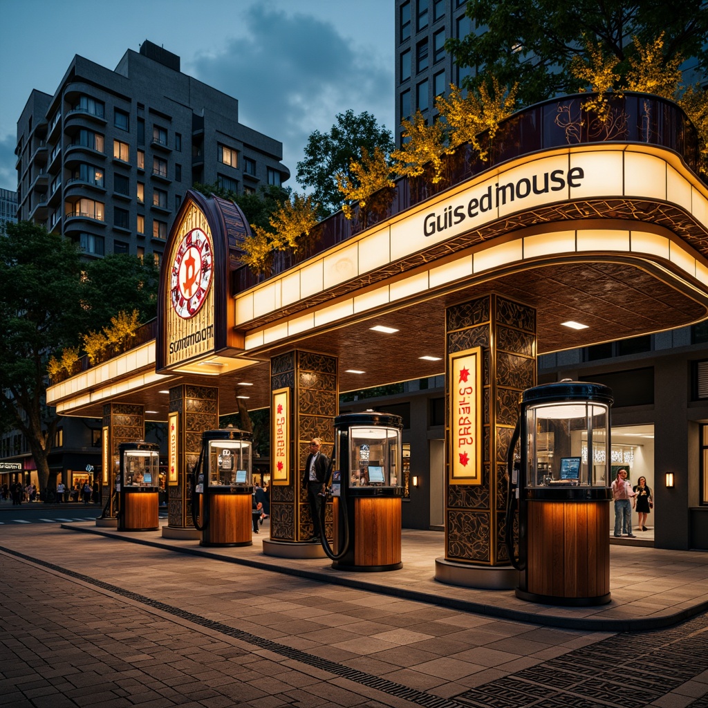 Prompt: Art Deco gas station, ornate metal canopy, vintage fuel pumps, retro-style signage, geometric patterned tiles, curved lines, luxurious materials, metallic accents, bold typography, neon lighting, urban cityscape, busy streets, evening atmosphere, warm golden lighting, shallow depth of field, 1/1 composition, symmetrical framing, high-contrast colors, detailed textures.