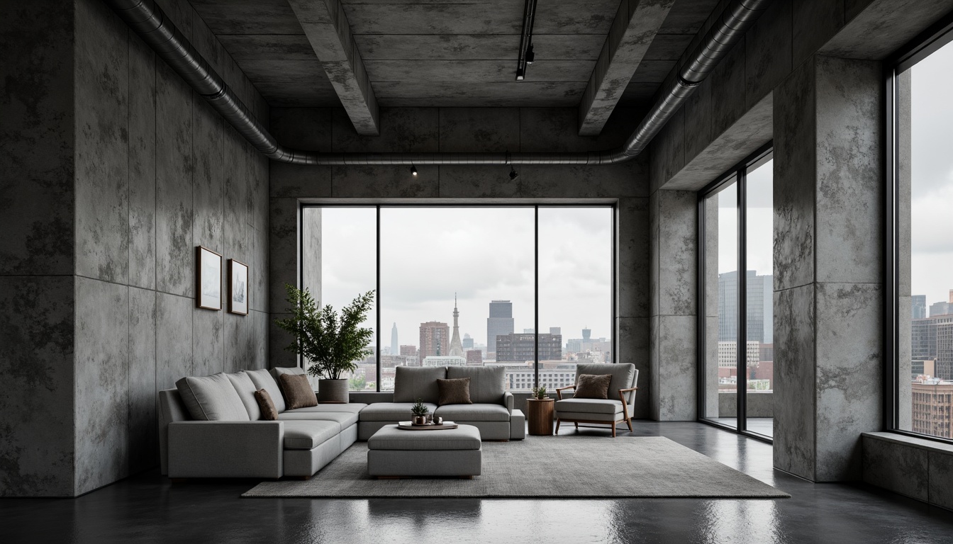 Prompt: Raw concrete walls, exposed ductwork, industrial pipes, metal beams, minimalist decor, functional furniture, monochromatic color scheme, cold harsh lighting, dramatic shadows, brutalist architecture, fortress-like structure, angular lines, rugged textures, urban landscape views, cityscape backdrop, overcast sky, moody atmosphere, high contrast ratio, 1/1 composition, symmetrical framing, realistic render.