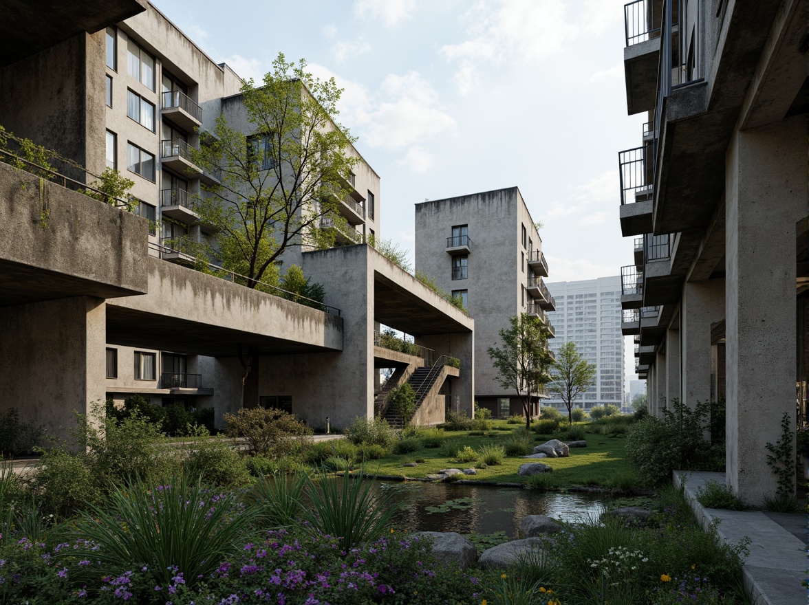 Prompt: Rugged brutalist buildings, raw concrete textures, fortress-like structures, overgrown vegetation, wildflowers, moss-covered walls, weathered steel beams, industrial materials, urban landscape integration, cityscape views, elevated walkways, cantilevered sections, dramatic shadows, harsh natural light, 1/1 composition, symmetrical framing, high-contrast colors, gritty realistic textures, ambient occlusion.