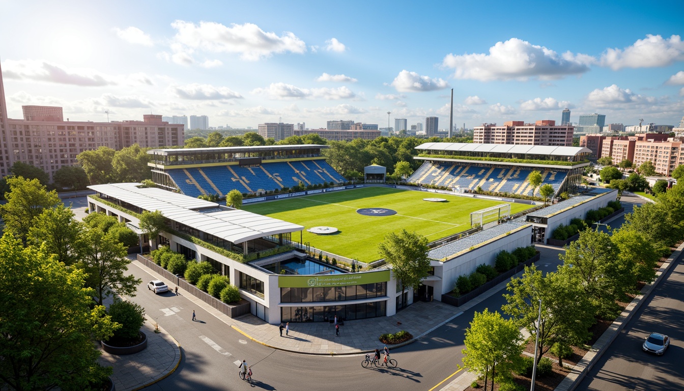 Prompt: Eco-friendly soccer stadium, lush green roofs, solar panels, wind turbines, rainwater harvesting systems, recycled materials, natural ventilation, large windows, transparent fa\u00e7ade, minimal carbon footprint, energy-efficient lighting, organic food vendors, composting facilities, bicycle parking, electric vehicle charging stations, public transportation access, pedestrian-friendly surroundings, vibrant urban landscape, clear blue sky, warm sunny day, soft natural lighting, shallow depth of field, 3/4 composition, panoramic view, realistic textures, ambient occlusion.