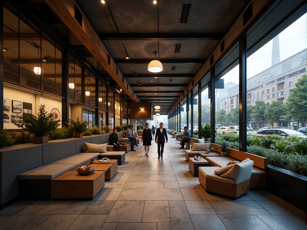 Prompt: Cozy bus station lounge, comfortable seating areas, soft cushioned chairs, wooden benches, warm lighting, natural stone flooring, modern architecture, large windows, glass roofs, urban cityscape, busy streets, morning commute, rush hour atmosphere, shallow depth of field, 1/1 composition, realistic textures, ambient occlusion.