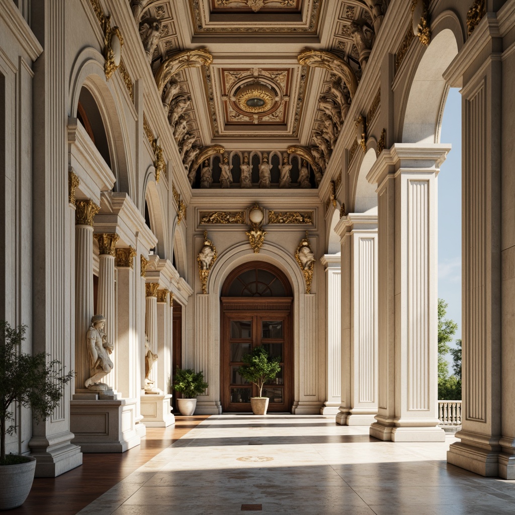 Prompt: Elegant neoclassical architecture, ornate columns, intricately carved details, grandiose entranceways, symmetrical facades, soft creamy whites, warm beige tones, rich gold accents, deep navy blues, subtle earthy browns, luxurious marble textures, ornamental moldings, refined stucco finishes, dramatic chiaroscuro lighting, high contrast ratios, 2/3 composition, atmospheric perspective, realistic reflections, ambient occlusion.