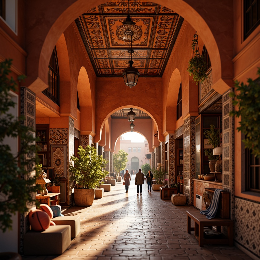 Prompt: Vibrant Moroccan souk, warm terracotta walls, intricately patterned tiles, ornate Islamic architecture, bustling marketplace atmosphere, richly colored fabrics, golden lighting, shallow depth of field, 3/4 composition, panoramic view, realistic textures, ambient occlusion.