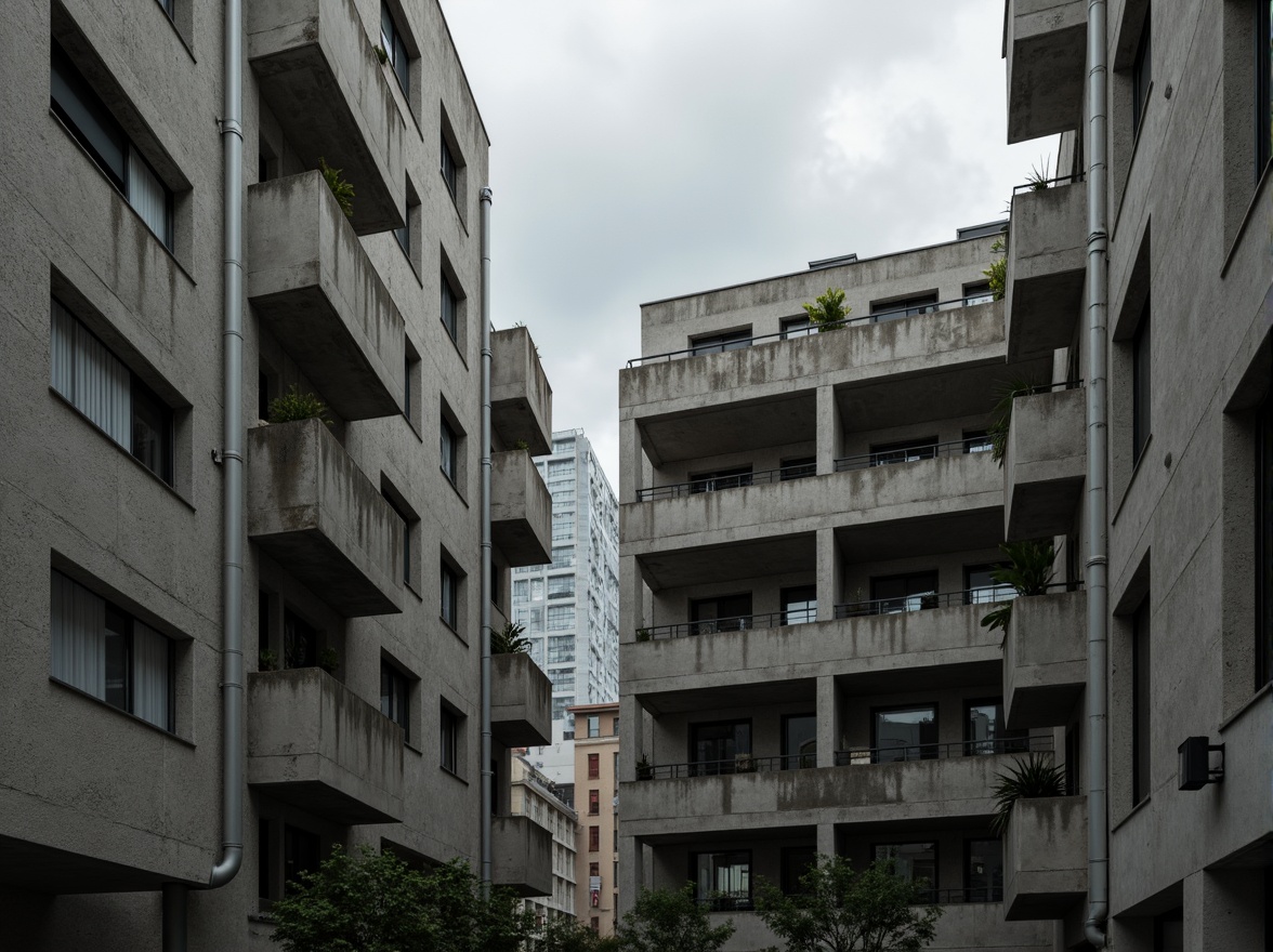 Prompt: Exposed concrete walls, rugged textures, industrial pipes, raw steel beams, minimalist balconies, brutalist architecture, urban cityscape, gloomy overcast sky, dramatic shadows, high-contrast lighting, bold geometric forms, functional simplicity, distressed finishes, poured-in-place concrete, cold monochromatic color palette, 1/1 composition, low-angle shot, cinematic atmosphere, gritty realistic textures.