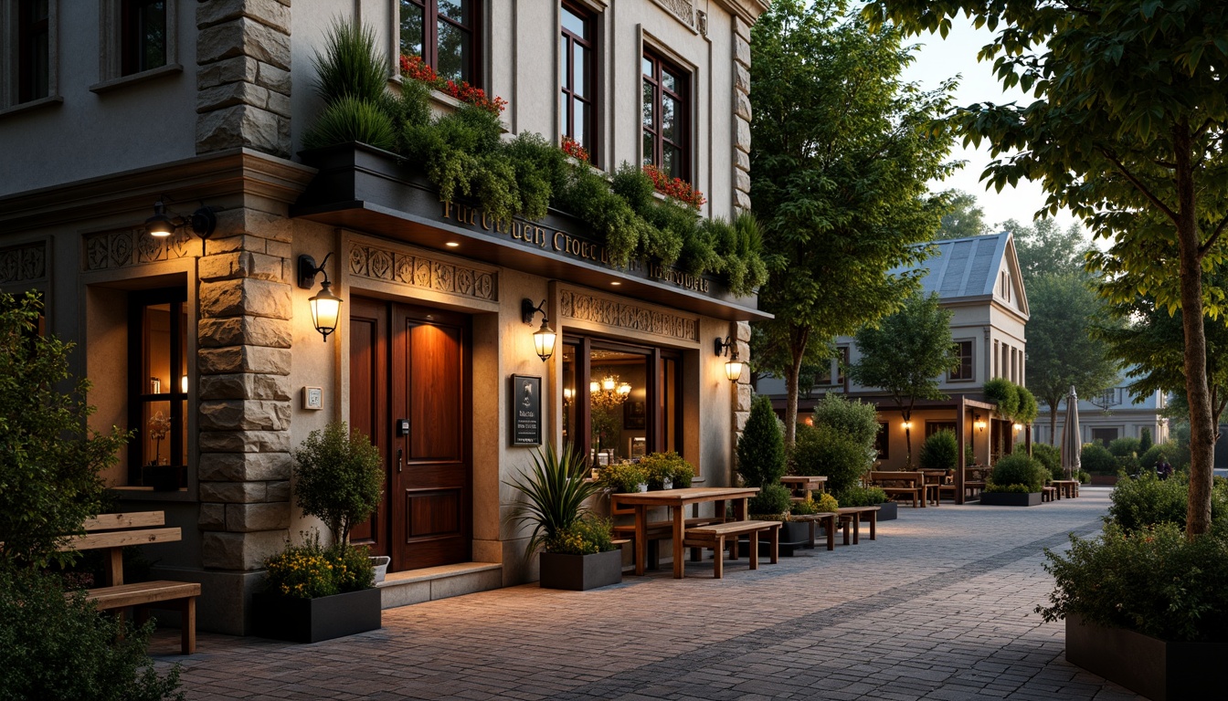 Prompt: Rustic pub exterior, Baroque-inspired fa\u00e7ade, ornate stone carvings, grand entranceways, lantern-style lighting, lush greenery, overflowing flower boxes, meandering cobblestone pathways, natural stone walls, wooden benches, vintage metal signs, warm golden lighting, soft focus, shallow depth of field, 1/2 composition, intimate atmosphere, realistic textures, ambient occlusion.