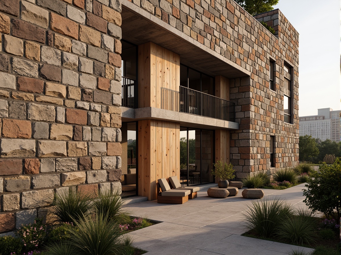 Prompt: Rough stone walls, rustic brick facades, wooden accents, natural wood grain, earthy tones, organic forms, irregular shapes, tactile experiences, 3D modeling, realistic renderings, ambient occlusion, soft warm lighting, shallow depth of field, 2/3 composition, modern architecture, sustainable design, eco-friendly materials, green roofs, living walls, urban landscapes, city skylines, industrial heritage, converted warehouses.