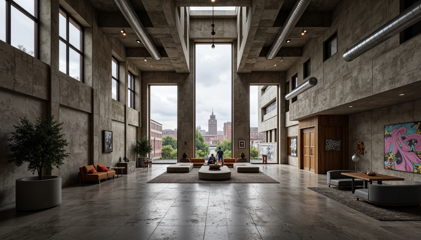 Prompt: Rugged community center, brutalist architecture, raw concrete walls, exposed ductwork, industrial metal beams, natural light pouring in, large skylights, clerestory windows, urban landscape views, gritty cityscape, overcast sky, soft diffused lighting, high contrast shadows, dramatic architectural forms, bold geometric shapes, functional minimalism, communal gathering spaces, reclaimed wood accents, weathered steel features, abstract graffiti art, moody atmospheric tones, cinematic composition, realistic textures, ambient occlusion.