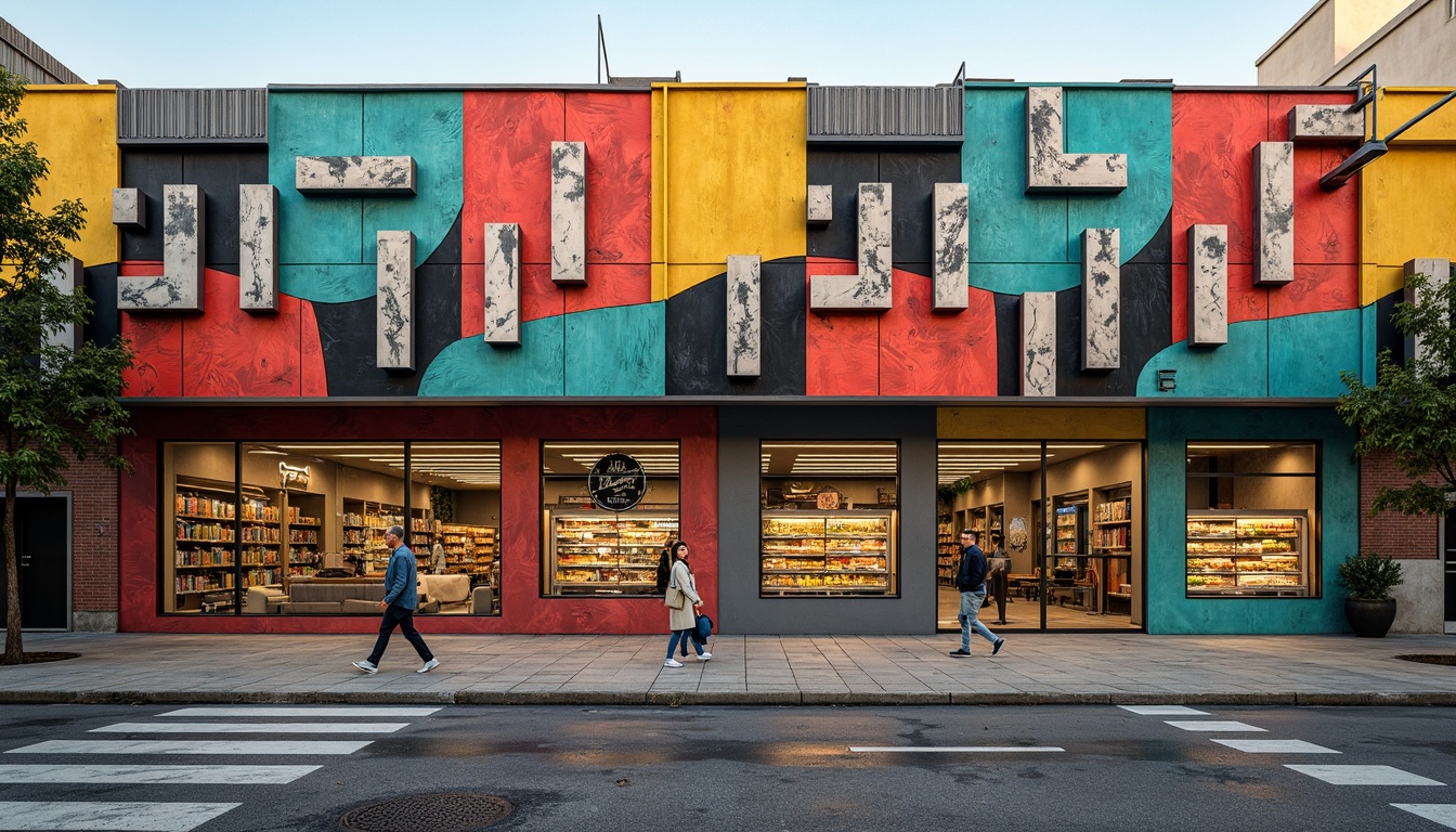 Prompt: Deconstructed grocery store facade, fragmented forms, irregular shapes, bold color blocking, distressed finishes, industrial materials, exposed ductwork, metallic accents, abstract signage, playful typography, urban context, busy street scene, morning light, soft shadows, shallow depth of field, 1/1 composition, realistic textures, ambient occlusion.