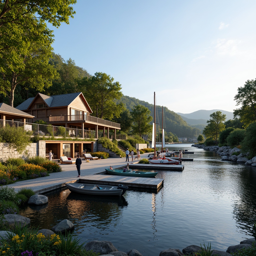 Prompt: Waterfront boathouse, rustic wooden docks, serene lake views, lush greenery, vibrant flowers, natural stone walls, wooden accents, nautical decorations, sailboats, kayaks, paddleboards, tranquil atmosphere, warm sunny day, soft diffused lighting, shallow depth of field, 3/4 composition, panoramic view, realistic textures, ambient occlusion.