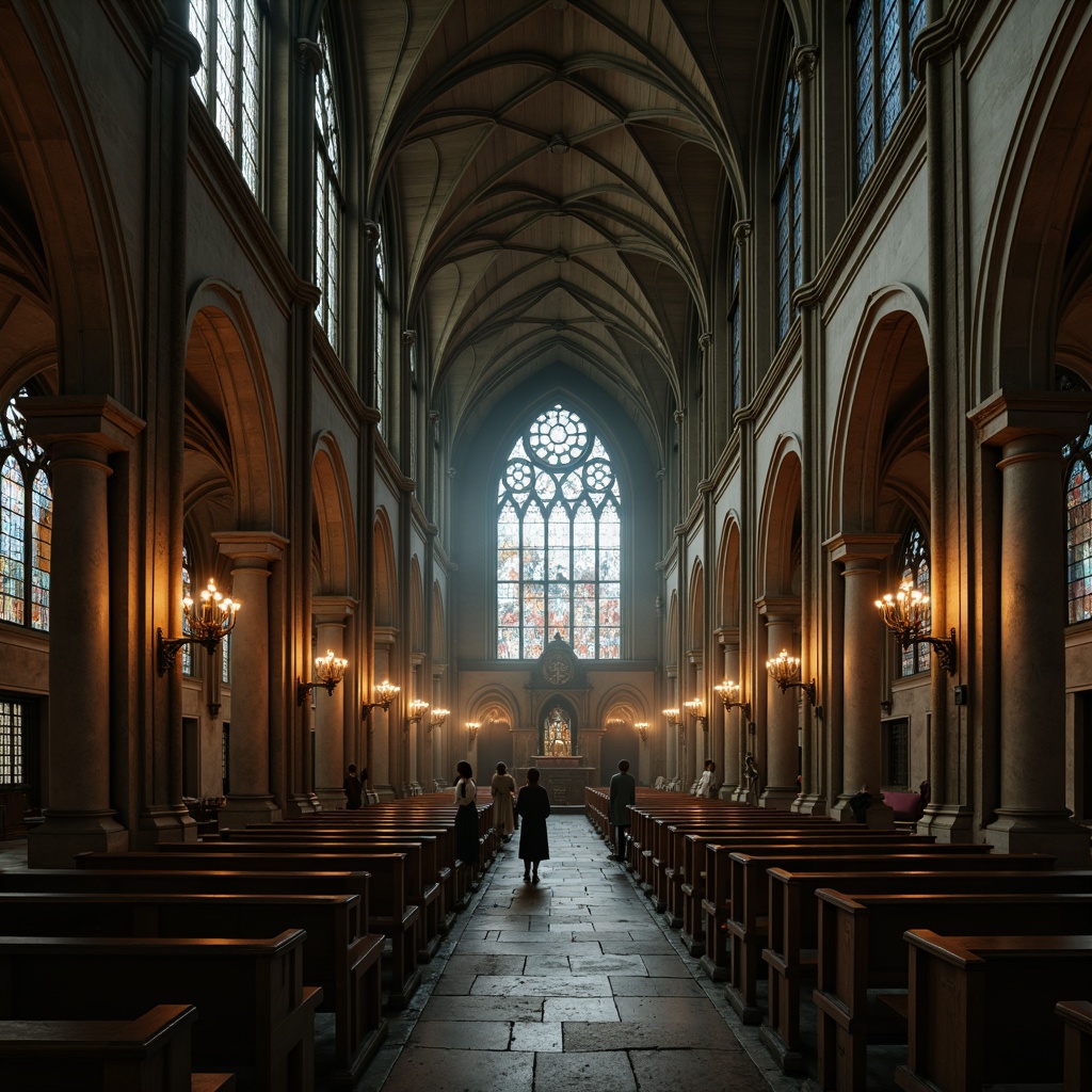 Prompt: Mysterious Gothic cathedral, khaki stone walls, ornate carvings, stained glass windows, grandiose vaulted ceilings, intricate archways, mystical ambiance, warm candlelight, eerie shadows, mysterious fog, misty atmosphere, dramatic lighting, 1/2 composition, low-angle shot, cinematic mood, rich textures, subtle grain.