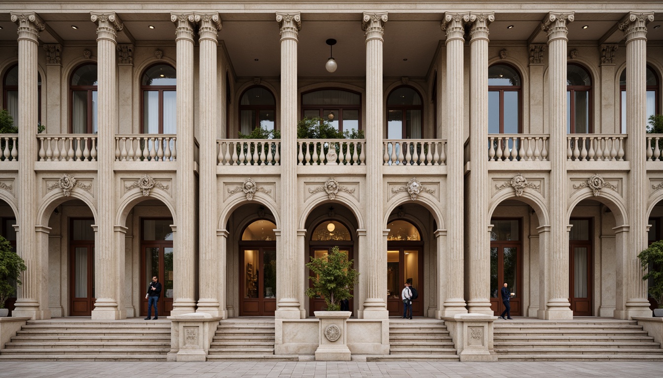 Prompt: Grandiose building facade, ornate columns, intricately carved details, symmetrical composition, classical proportions, limestone or marble materials, subtle texture variations, soft warm lighting, shallow depth of field, 1/1 composition, realistic renderings, ambient occlusion, ornamental balustrades, decorative pediments, grand entranceways, sweeping staircases, elegant archways, refined moldings, subtle color palette, historic references, sophisticated architectural elements.