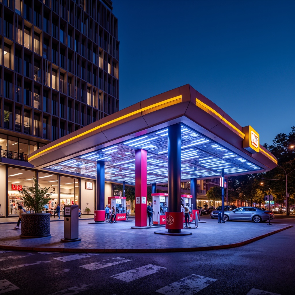 Prompt: Vibrant gas station, bold color scheme, neon lights, futuristic architecture, sleek metal canopies, modern fuel pumps, LED signage, dynamic angular lines, high-contrast colors, electric blue accents, bright yellow highlights, deep red tones, urban cityscape, busy streets, morning sunlight, shallow depth of field, 1/1 composition, realistic textures, ambient occlusion.