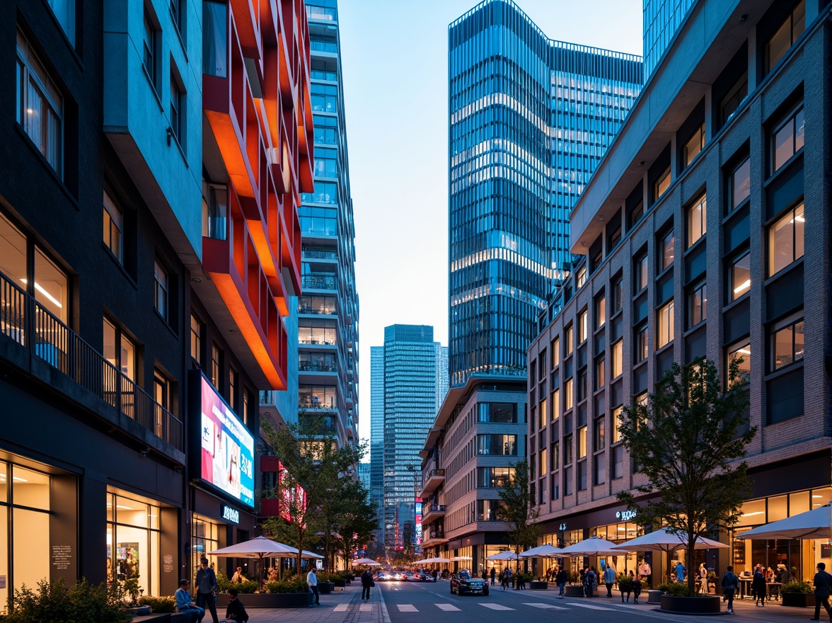 Prompt: Vibrant cityscape, modern skyscrapers, bold color blocking, contrasting hues, neon lights, urban landscape, bustling streets, pedestrian walkways, dynamic architecture, geometric patterns, metallic accents, glass facades, LED installations, futuristic ambiance, high-contrast lighting, dramatic shadows, 1/1 composition, low-angle shot, cinematic mood, realistic reflections.