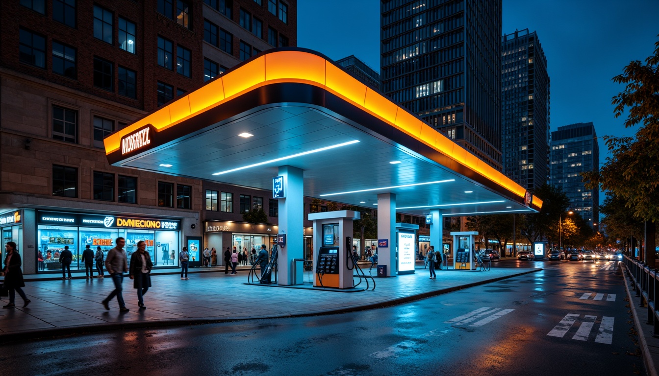 Prompt: Vibrant gas station, bold neon signs, bright LED lights, sleek metallic fa\u00e7ade, modern angular architecture, industrial concrete floors, stainless steel fuel pumps, futuristic canopy design, dynamic color scheme, electric blue accents, fiery orange highlights, sunny yellow branding, deep black trim, glossy white surfaces, urban cityscape backdrop, busy street activity, dramatic nighttime lighting, high-contrast shadows, 1/1 composition, shallow depth of field, realistic reflections.