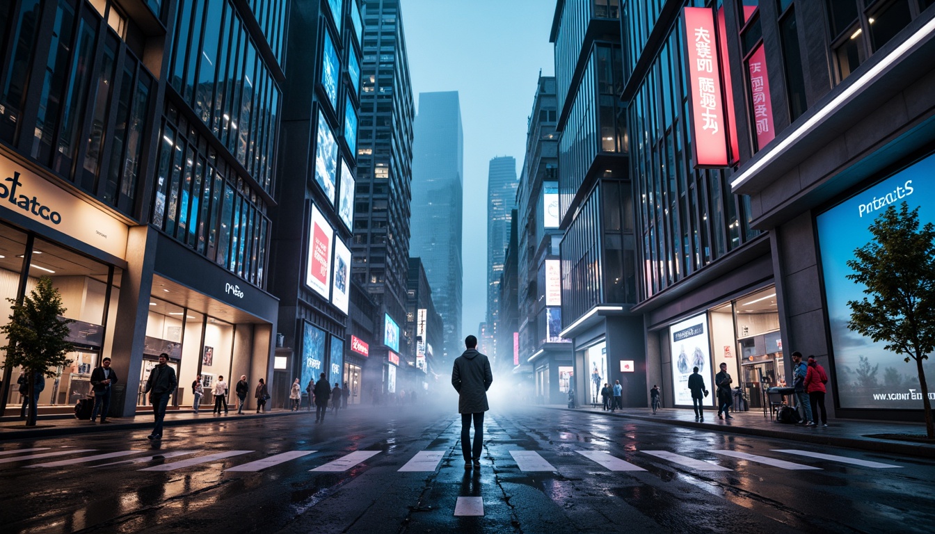 Prompt: Futuristic cityscape, neon-lit skyscrapers, metallic surfaces, holographic advertisements, sleek curves, angular lines, iridescent colors, glowing accents, LED lights, translucent materials, reflective glass facades, cyberpunk atmosphere, high-tech gadgets, robotic figures, virtual reality interfaces, augmented reality displays, 3D projections, misty fog effects, shallow depth of field, cinematic composition, futuristic typography, neon-lit streets, rainy night scene, moody lighting, ambient occlusion.