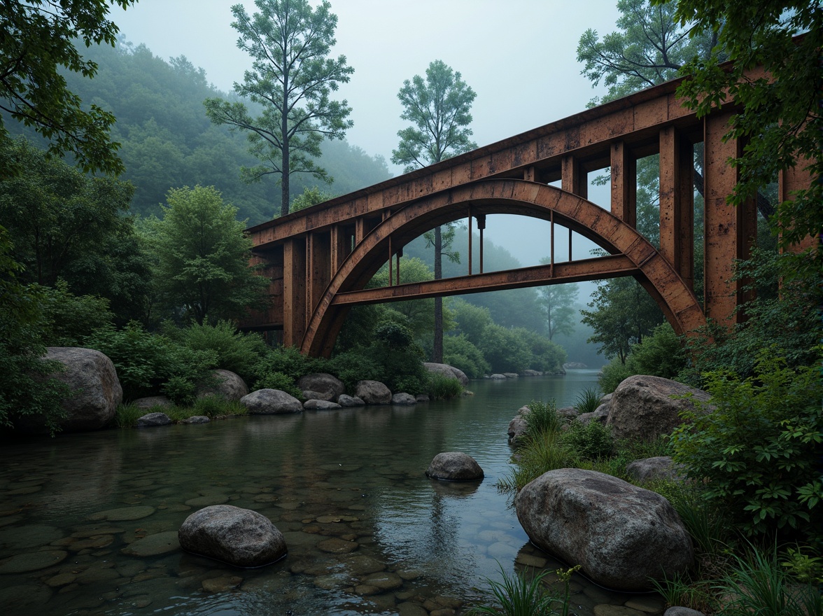 Prompt: Rustic steel bridges, industrial-era aesthetic, weathered metal textures, warm earthy tones, muted blue-grey hues, rich brown wood accents, vibrant greenery surroundings, misty atmospheric effects, soft natural lighting, shallow depth of field, 2/3 composition, cinematic view, realistic reflections, ambient occlusion.