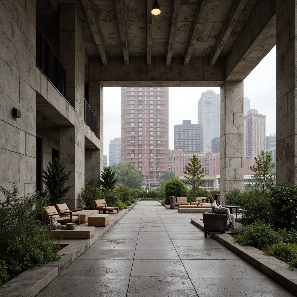 Prompt: Exposed concrete walls, rugged stone floors, industrial metal beams, brutalist architecture, raw unfinished textures, earthy tone color palette, muted greenery, weathered wood accents, functional minimalist decor, utilitarian furniture, urban cityscape views, overcast skies, dramatic shadows, high contrast lighting, 1/1 composition, symmetrical framing, realistic material rendering.