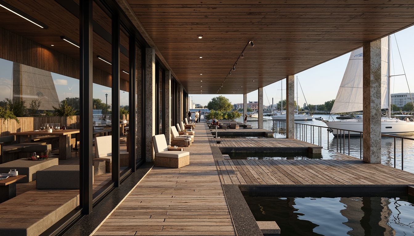 Prompt: Waterfront location, wooden dock, sailboats, nautical ropes, rustic boathouse, modern fenestration, large windows, sliding glass doors, minimalist frames, reflective metal surfaces, industrial chic design, reclaimed wood accents, natural stone walls, cozy interior lighting, warm color palette, shallow depth of field, 1/1 composition, realistic textures, ambient occlusion.