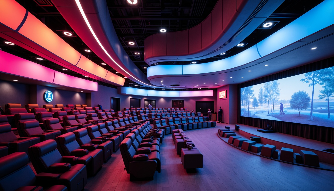 Prompt: Modern auditorium, sleek curved lines, vibrant color schemes, modular seating systems, ergonomic chairs, adjustable armrests, retractable desks, interactive displays, immersive audio equipment, futuristic lighting designs, LED ambient lights, dynamic shadows, 3/4 composition, shallow depth of field, realistic textures, ambient occlusion.