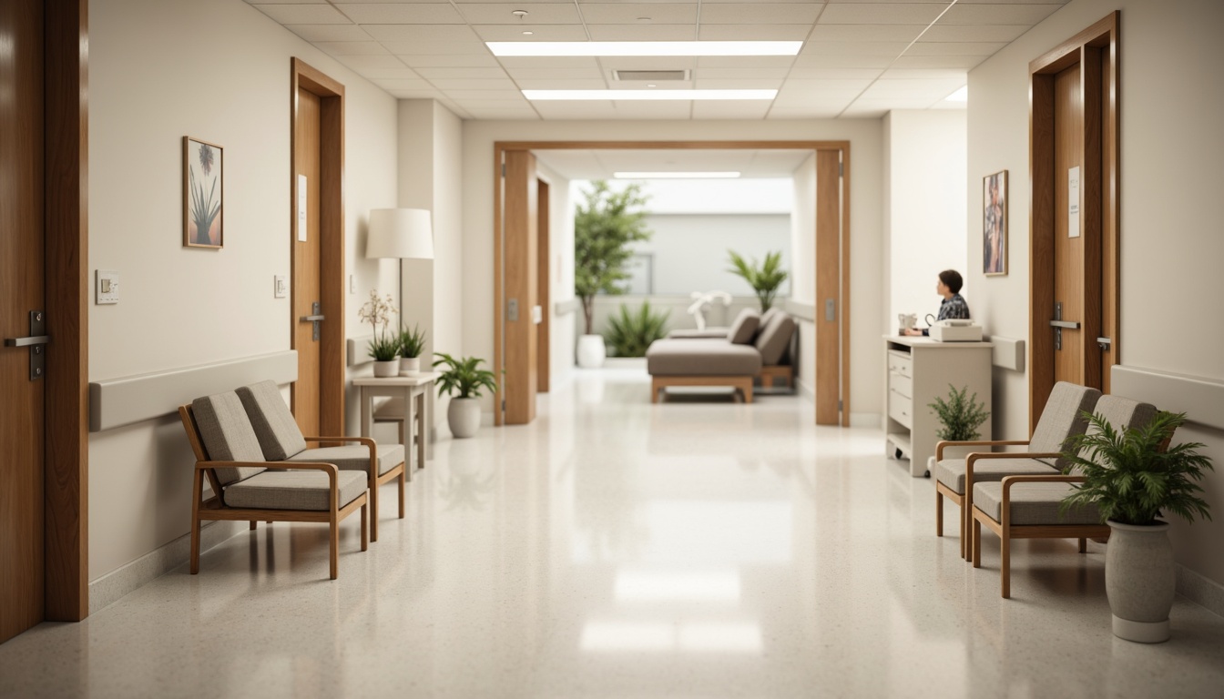 Prompt: Clean hospital corridors, minimalist decor, neutral color palette, natural light, sleek metal handrails, wooden accents, simple furniture, comfortable patient rooms, soft cushioned chairs, calm atmosphere, subtle textures, ambient lighting, shallow depth of field, 1/1 composition, realistic render, modern medical equipment, stainless steel surfaces, sterile environments, peaceful waiting areas, green plants, warm beige tones, gentle color transitions.