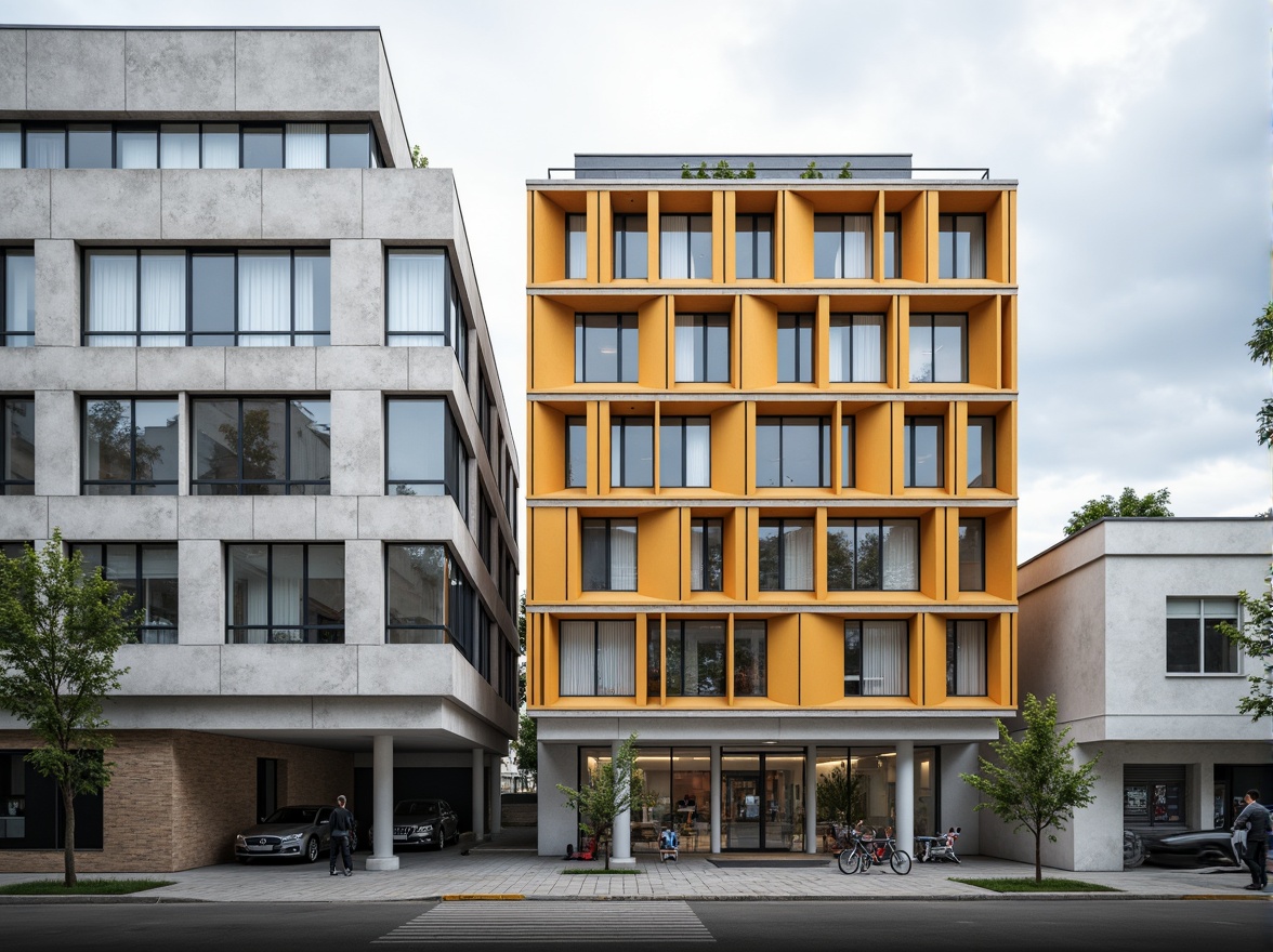 Prompt: Geometric building facade, rectangular forms, primary color scheme, industrial materials, steel frames, glass windows, minimalist ornamentation, functional simplicity, clean lines, right angles, asymmetrical composition, urban cityscape, cloudy sky, soft diffused lighting, shallow depth of field, 2/3 composition, realistic textures, ambient occlusion.