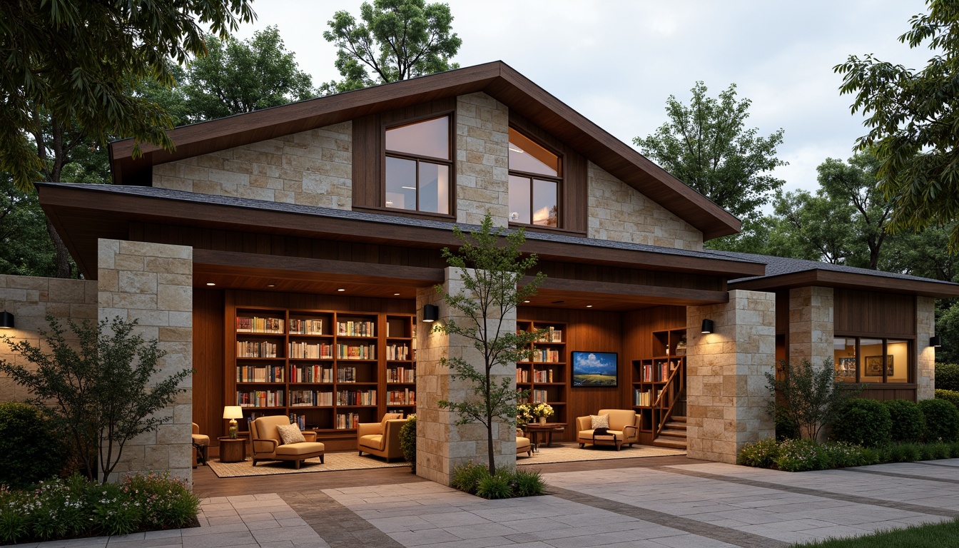 Prompt: Rustic library facade, regionalist architecture, earthy tones, natural stone walls, wooden accents, sloping roofs, overhanging eaves, cozy reading nooks, floor-to-ceiling windows, warm interior lighting, rich wood paneling, comfortable seating areas, bookshelves with ladder access, soft carpet flooring, nature-inspired patterns, organic shapes, harmonious color palette, serene atmosphere, cloudy day, softbox lighting, 1/2 composition, realistic textures, ambient occlusion.