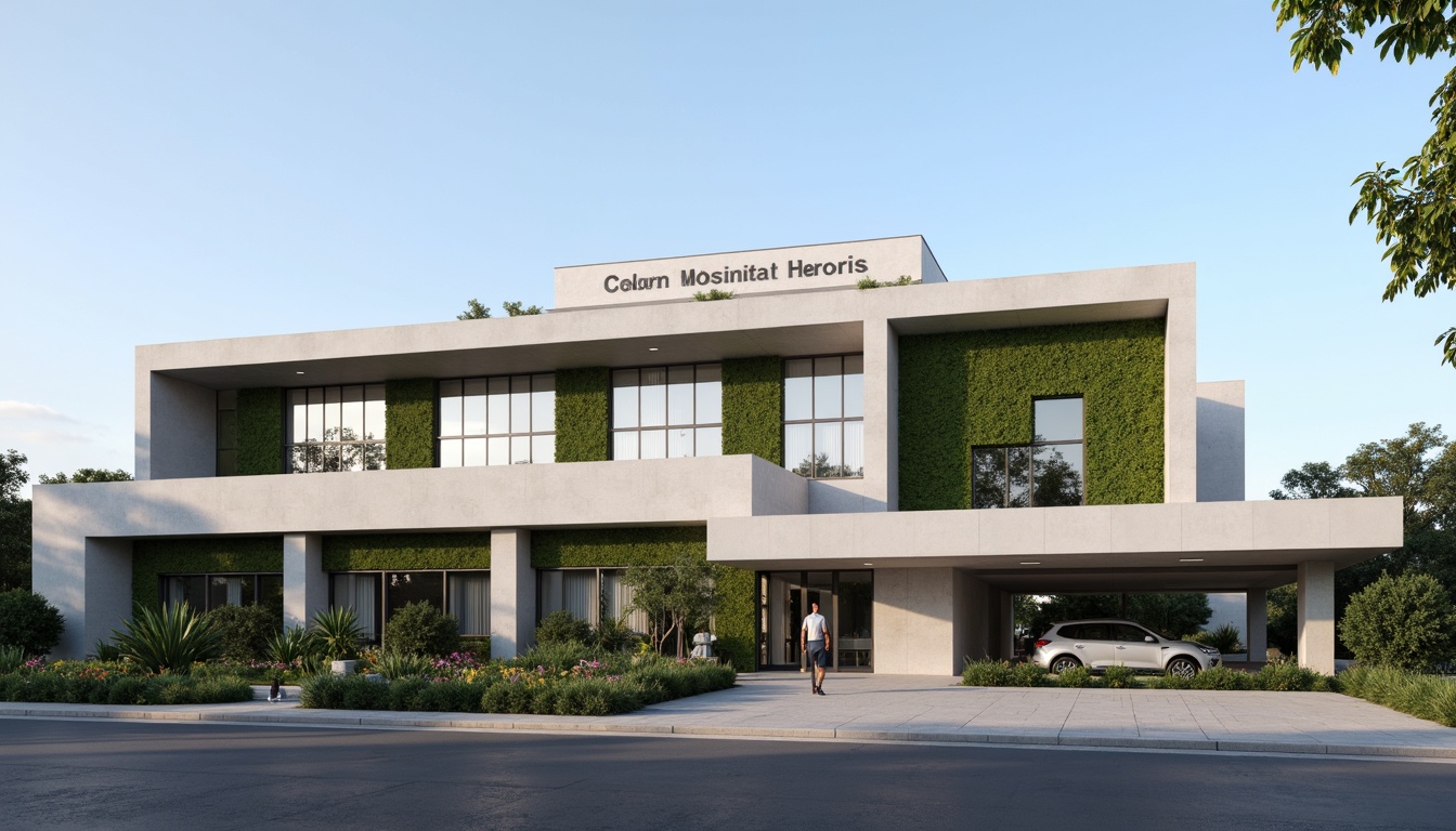 Prompt: Clean hospital facade, minimalist architecture, simple rectangular forms, flat roofs, neutral color palette, large glass windows, metal frames, subtle shading devices, vertical green walls, living walls, natural stone cladding, smooth concrete surfaces, hidden LED lighting, soft ambient illumination, 1/1 composition, symmetrical balance, realistic materials, subtle texture variations.