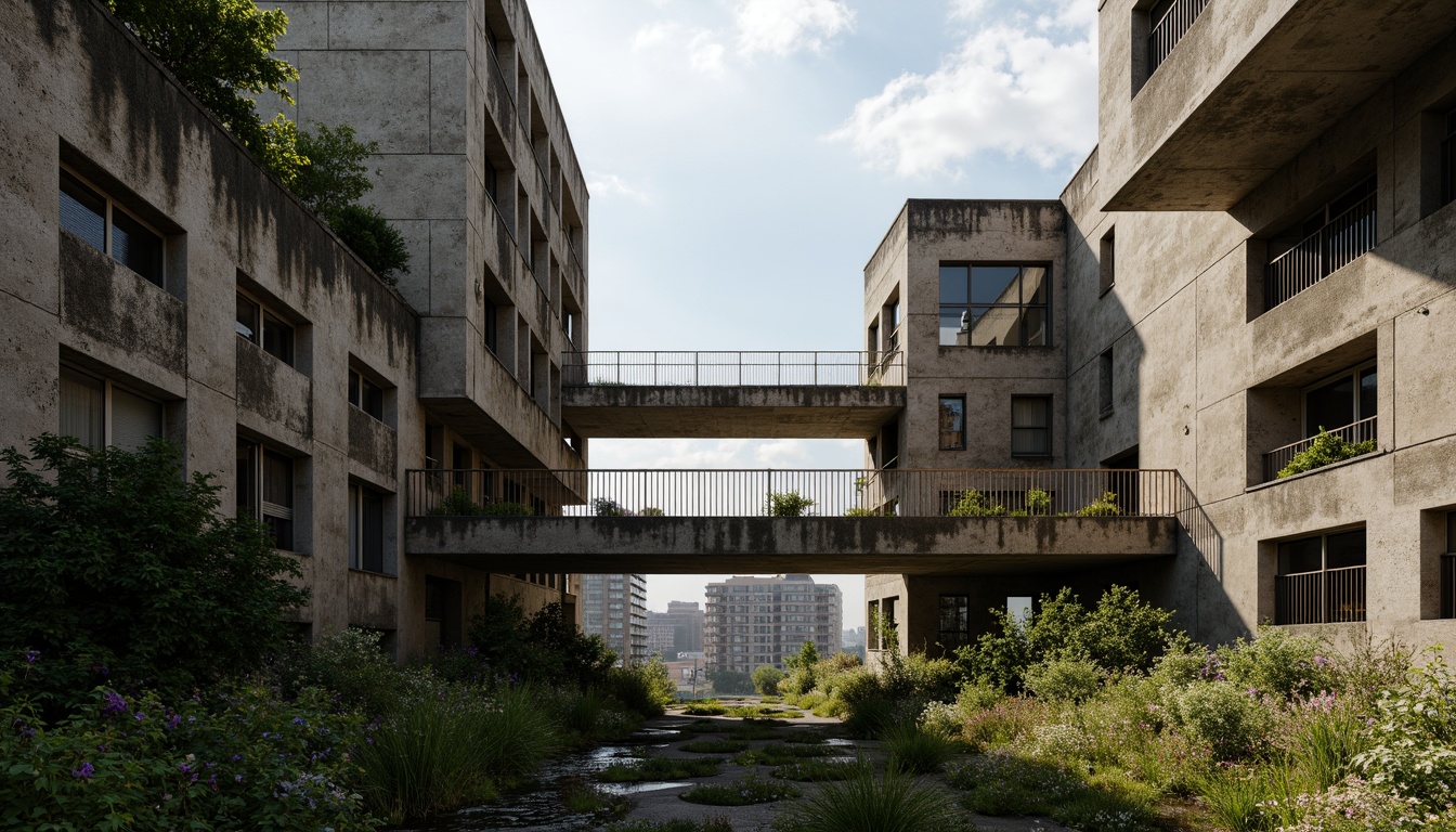 Prompt: Rugged brutalist buildings, raw concrete textures, fortress-like structures, overgrown vegetation, wildflowers, moss-covered walls, weathered steel beams, industrial materials, urban landscape integration, cityscape views, elevated walkways, cantilevered sections, dramatic shadows, harsh natural light, 1/1 composition, symmetrical framing, high-contrast colors, gritty realistic textures, ambient occlusion.