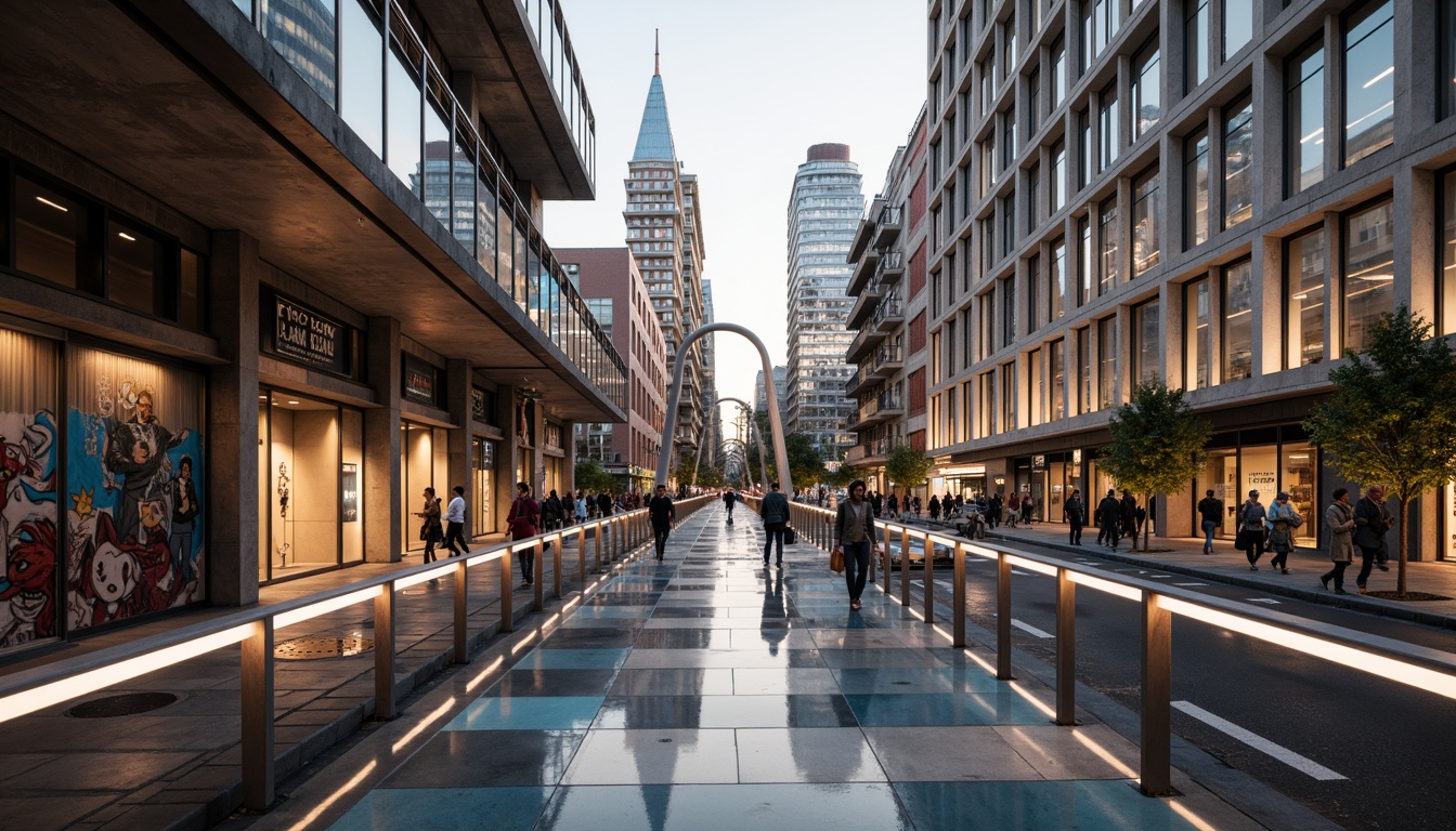 Prompt: Futuristic pedestrian bridge, sleek metal railings, translucent glass floors, LED lighting strips, dynamic arches, suspended walkways, urban cityscape, bustling streets, modern skyscrapers, vibrant street art, eclectic crowd, warm evening ambiance, soft golden lighting, shallow depth of field, 1/2 composition, realistic reflections, ambient occlusion, durable stainless steel, weathered wood accents, high-strength concrete piers, cantilevered sections, minimalist support columns.