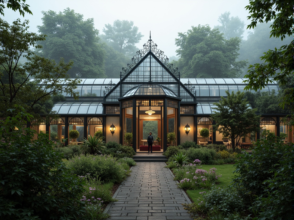 Prompt: Elegant greenhouse, ornate metal frames, lush greenery, exotic plants, Victorian-era inspired architecture, intricate glass details, curved lines, symmetrical facades, grand entranceways, decorative finials, ornamental ridges, natural stone foundations, rustic wooden accents, soft warm lighting, misty atmosphere, shallow depth of field, 1/1 composition, realistic textures, ambient occlusion.