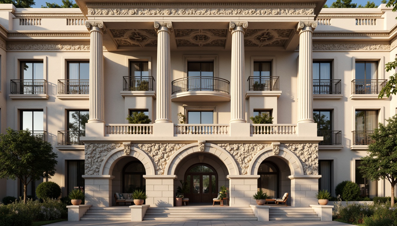 Prompt: Grandiose building facade, ornate columns, intricately carved details, symmetrical composition, classical proportions, limestone or marble materials, subtle color palette, soft natural light, warm afternoon ambiance, shallow depth of field, 2/3 composition, realistic textures, ambient occlusion, ornamental balustrades, decorative friezes, sculpted pediments, grand entranceways, sweeping staircases, elegant archways, refined moldings, luxurious ornamentation.