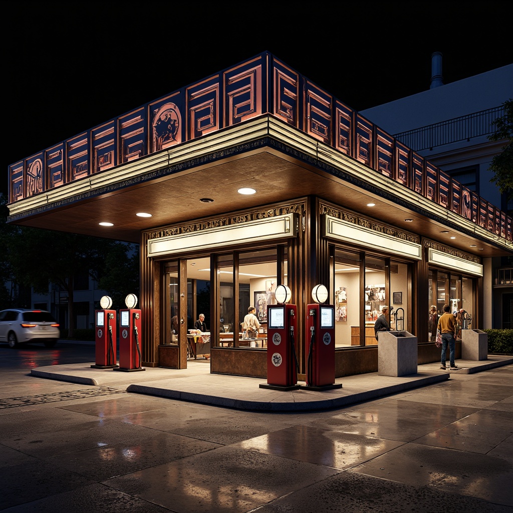 Prompt: Art Deco gas station, ornate metal canopy, vintage fuel pumps, retro-style signage, geometric patterned tiles, bold color scheme, angular lines, metallic accents, curved corners, ornamental details, luxurious materials, high-contrast lighting, dramatic shadows, 1/1 composition, symmetrical framing, realistic reflections, ambient occlusion.