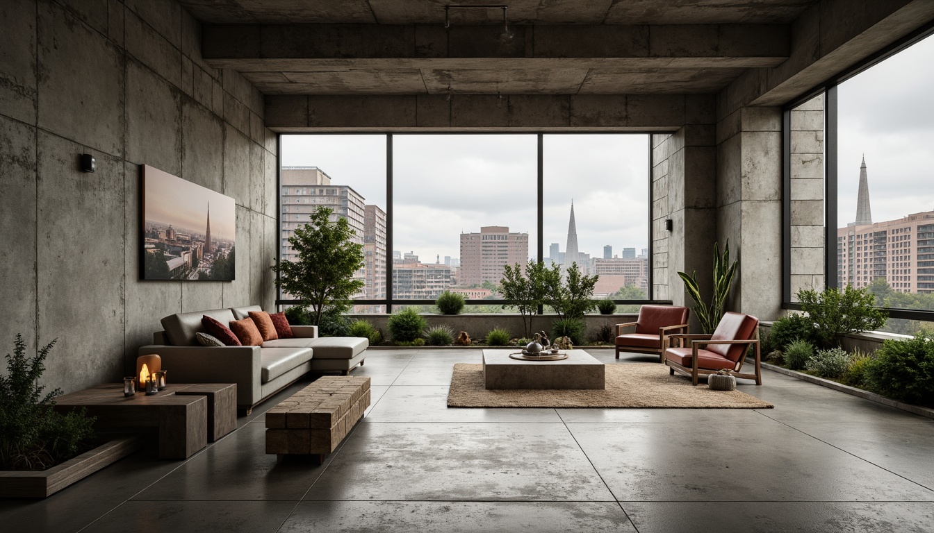 Prompt: Exposed concrete walls, rugged stone floors, industrial metal beams, brutalist architecture, raw unfinished textures, earthy tone color palette, muted greenery, weathered wood accents, functional minimalist decor, utilitarian furniture, urban cityscape views, overcast skies, dramatic shadows, high contrast lighting, 1/1 composition, symmetrical framing, realistic material rendering.