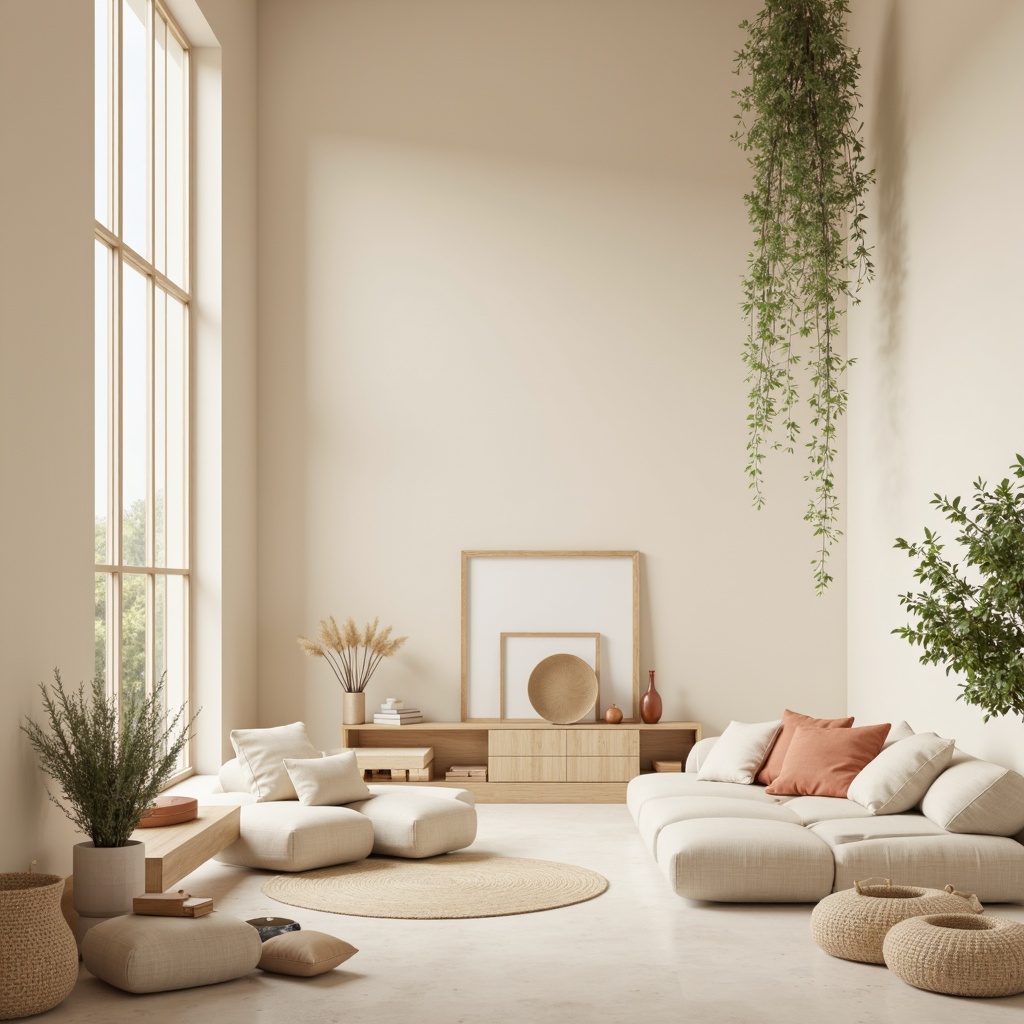 Prompt: Soft pastel hues, calming atmosphere, serene ambiance, gentle color transitions, soothing warm beige, creamy whites, pale blues, muted greens, earthy terracotta, natural wood accents, subtle texture variations, organic shapes, minimalist composition, soft focus, shallow depth of field, 1/1 aspect ratio, realistic renderings, ambient occlusion.