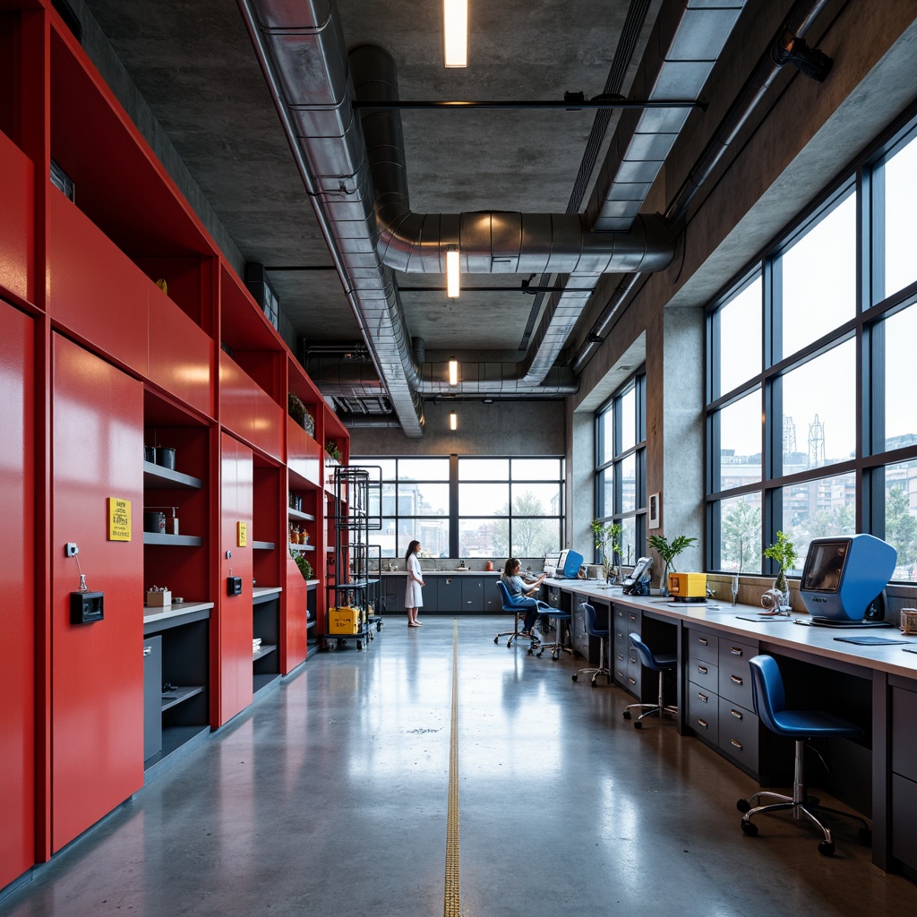 Prompt: Industrial laboratory setting, bold primary colors, bright red accents, deep blue machinery, yellow safety signs, sleek metal equipment, minimalist workstations, functional shelving units, polished concrete floors, exposed ductwork, geometric patterns, rectangular shapes, clean lines, modernist architecture, abundant natural light, softbox lighting, shallow depth of field, 1/1 composition, realistic textures, ambient occlusion.