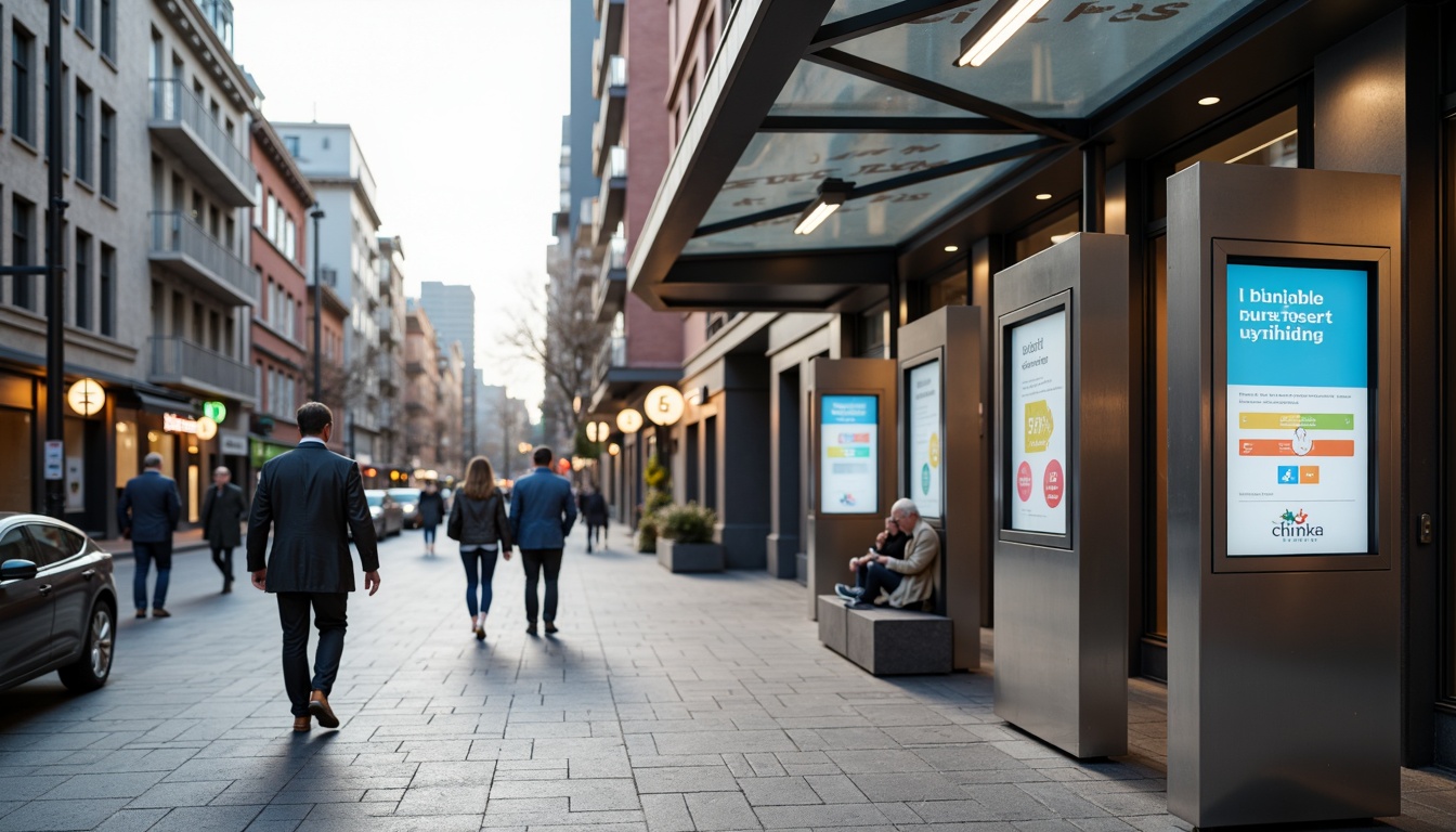 Prompt: Modern wayfinding signage, sleek metal frames, digital displays, interactive kiosks, clear typography, vibrant color schemes, intuitive navigation, pedestrian-friendly infrastructure, urban cityscape, bustling streets, morning commute, soft natural lighting, shallow depth of field, 1/1 composition, realistic textures, ambient occlusion.