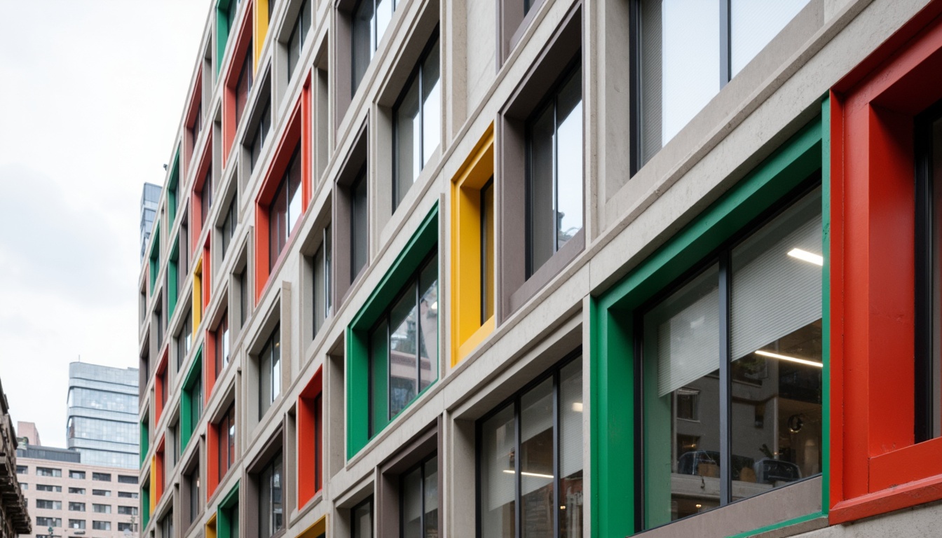 Prompt: Geometric building facade, rectangular forms, primary color scheme, industrial materials, steel frames, glass windows, minimalist ornamentation, functional simplicity, clean lines, right angles, asymmetrical composition, urban cityscape, cloudy sky, soft diffused lighting, shallow depth of field, 2/3 composition, realistic textures, ambient occlusion.