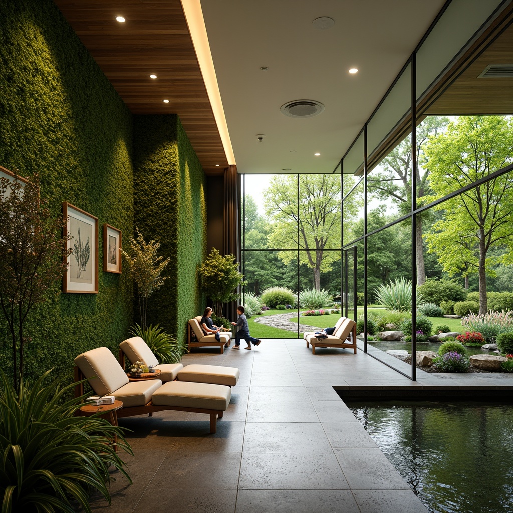 Prompt: Soothing dental clinic, lush green walls, natural stone flooring, wooden accents, calming water features, serene outdoor gardens, vibrant flowers, tranquil pond, walking paths, modern minimalist architecture, large windows, sliding glass doors, abundant natural light, warm color scheme, cozy waiting area, comfortable seating, nature-inspired artwork, peaceful ambiance, shallow depth of field, 3/4 composition, realistic textures, ambient occlusion.