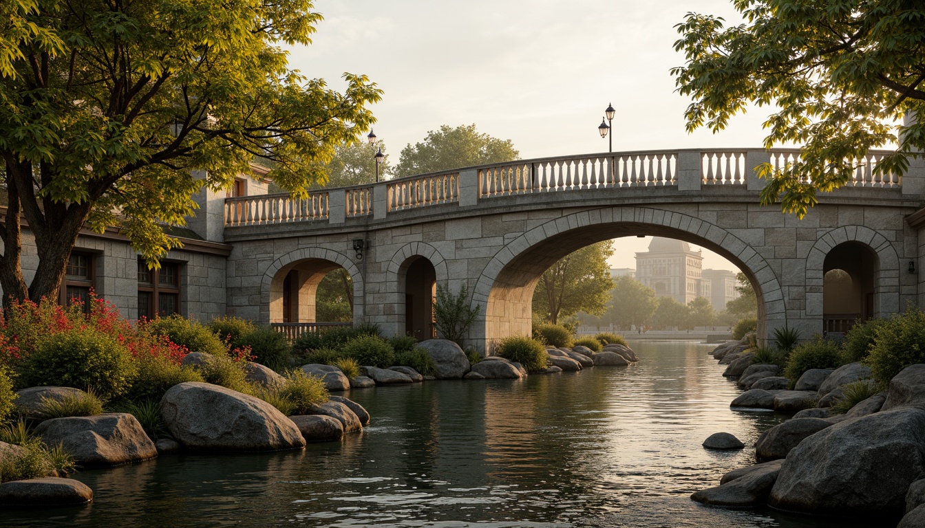 Prompt: Ancient stone bridges, ornate balustrades, rustic arches, weathered stonework, moss-covered piers, tranquil water reflections, serene riverbanks, lush greenery, vibrant flowers, historic lamp posts, decorative ironwork, grandiose entranceways, symmetrical composition, warm golden lighting, soft misty atmosphere, 1/2 composition, realistic textures, ambient occlusion.