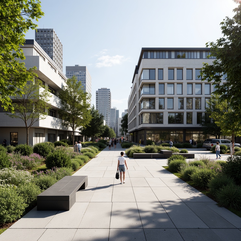 Prompt: Geometric gardens, asymmetrical planters, industrial metal benches, minimalist water features, modernist sculptures, abstract concrete pathways, functionalist building facades, rectangular windows, flat roofs, monochromatic color schemes, bold typography, urban cityscape, sunny day, high contrast lighting, shallow depth of field, 2/3 composition, symmetrical framing, realistic textures, ambient occlusion.